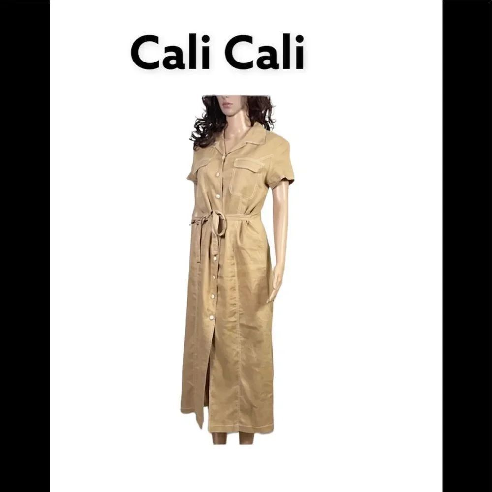 Cali Cali Tan Linen Vintage Button Front Belted Midi Safari Shirt Dress 8